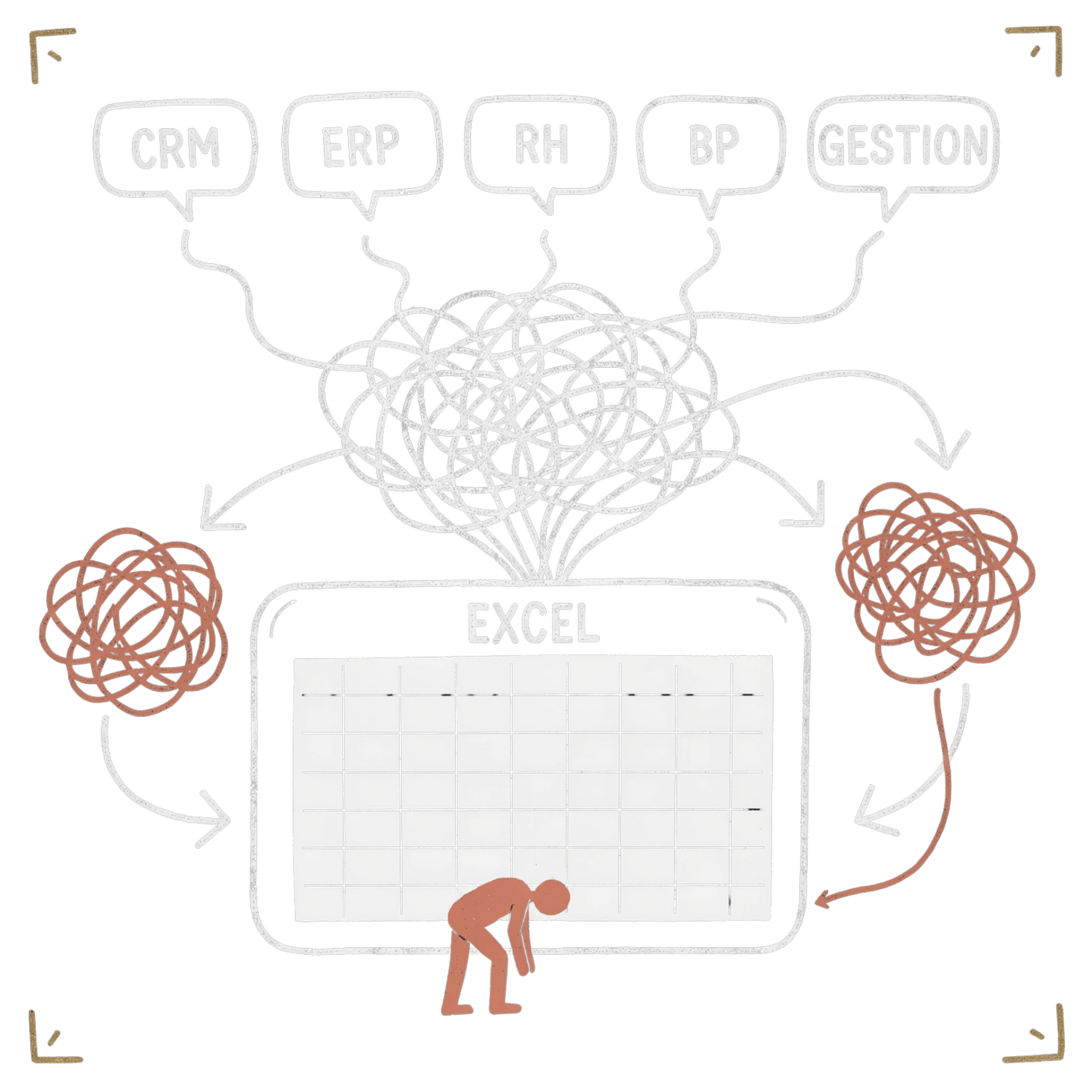 Cinq silos métier (CRM, ERP, RH, BP, Gestion) déversés dans un nœud de fils emmêlés au-dessus d'un Excel